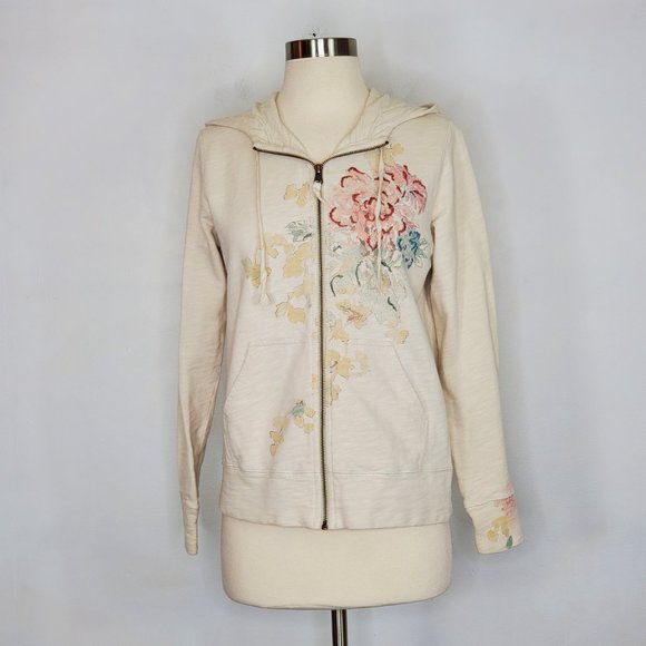 EDDIE BAUER Cream Asian Boho Print Hoodie Jacket S EUC - Picture 1 of 8